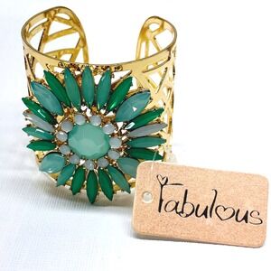 Gold Tone Cuff Bracelet with Green and Aqua Gemstone Flower Design
